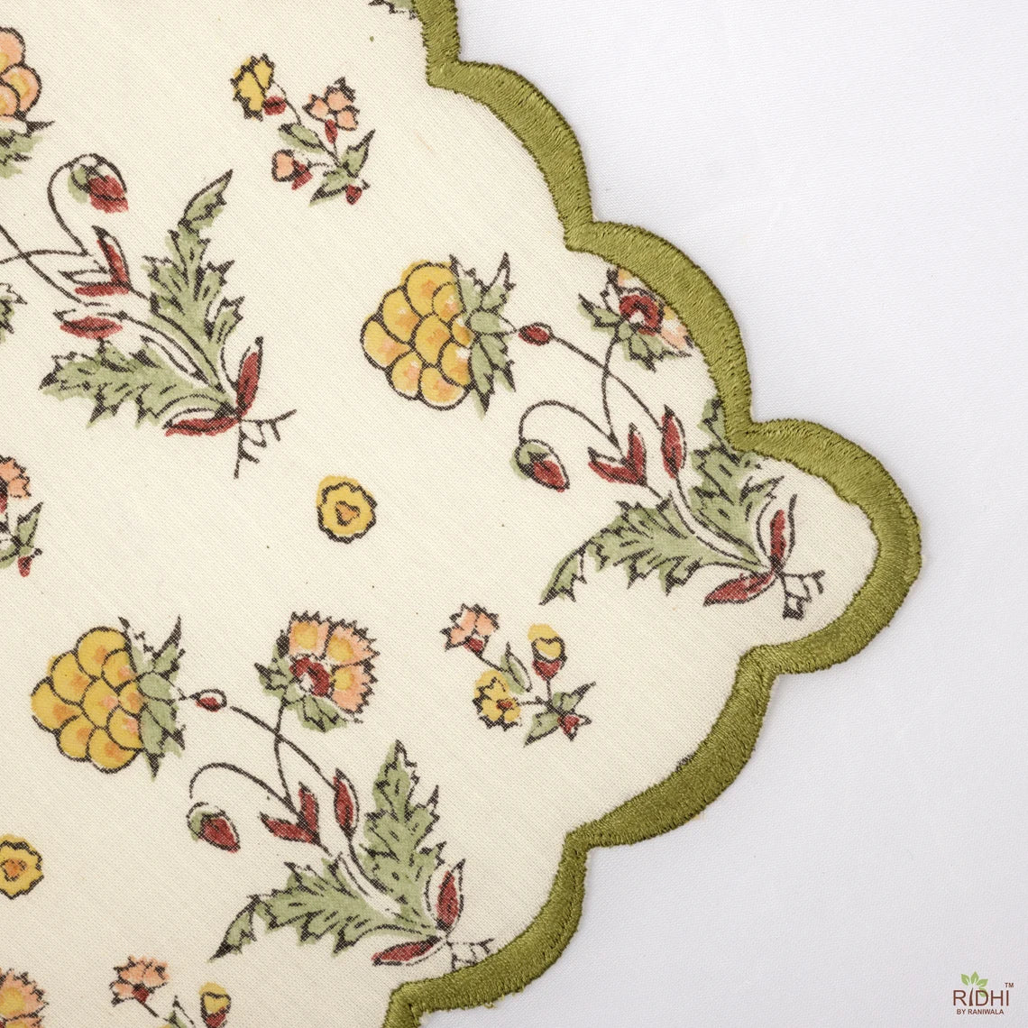 Fabricrush Transparent Yellow, Moss Green, Mahogany Red Floral Hand Block Printed Cotton Cloth Napkins, 18x18”- Cocktail Napkins, 20x20”- Dinner Napkins
