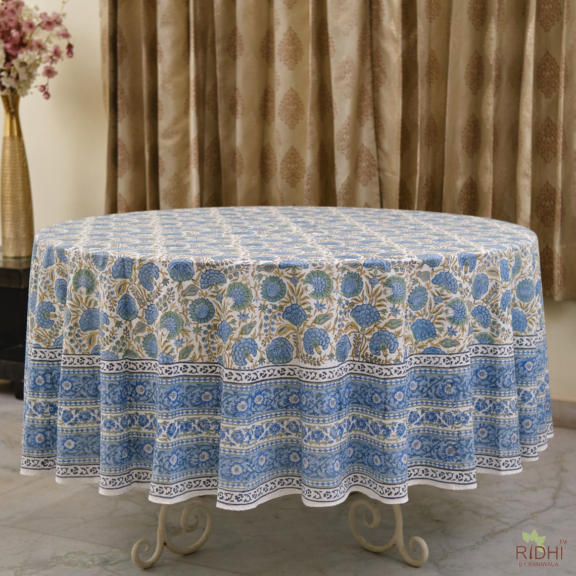 Asparagus Green, Air Force Blue Indian Hand Block Floral Printed Cotton Cloth Round Tablecloth, Farmhouse Wedding Home Events Party Gifts