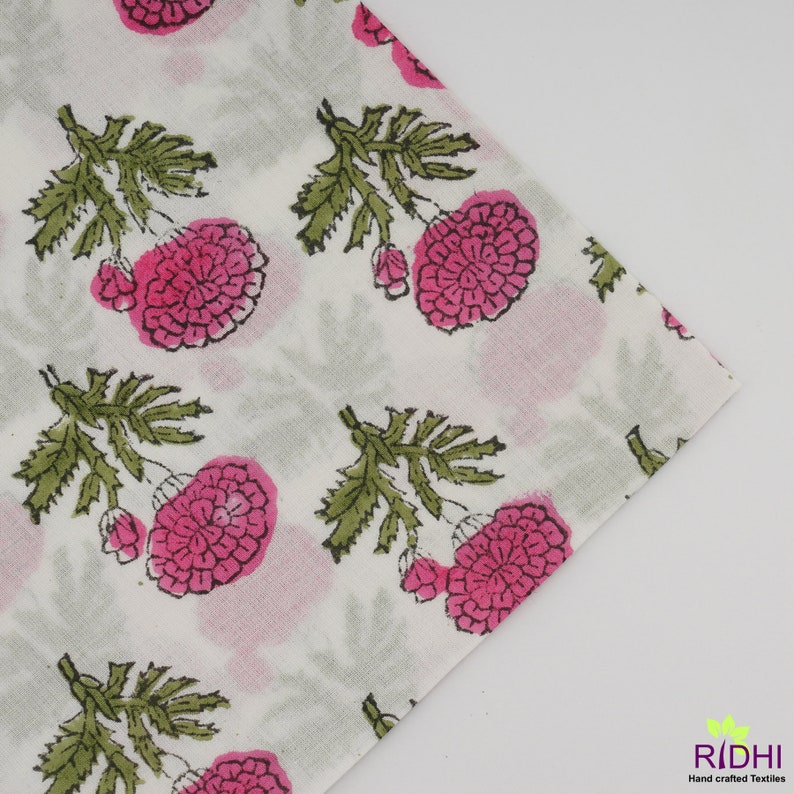 Thulian Pink, Fern Green Marigold Flower Indian Floral Hand Block Print Cotton Embroidery Napkins