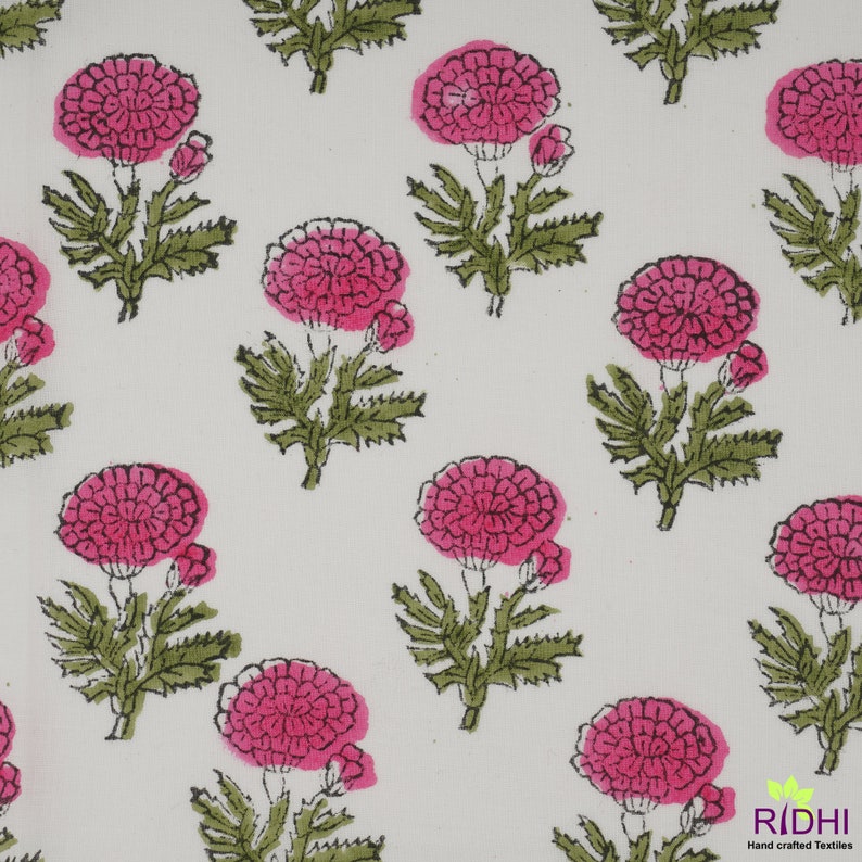 Thulian Pink, Fern Green Marigold Flower Indian Floral Hand Block Print Cotton Embroidery Napkins