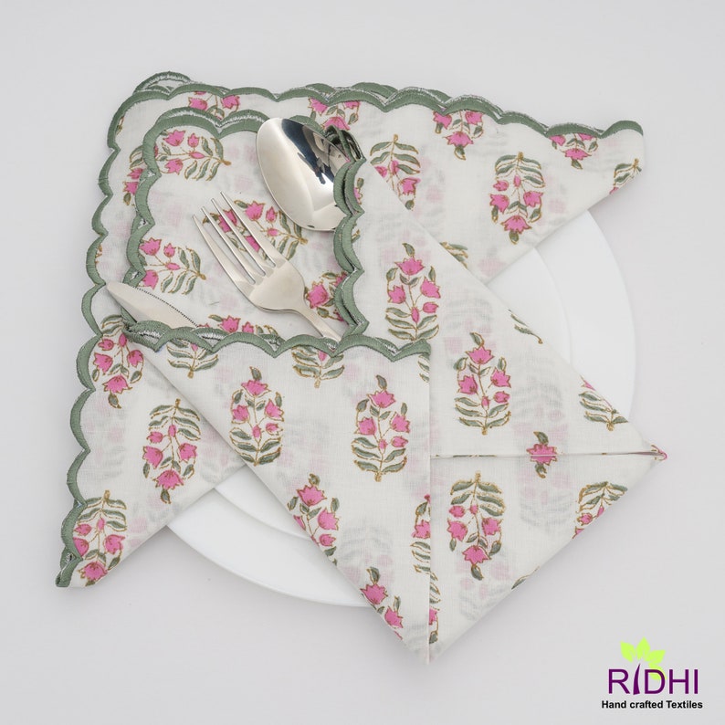 Punch Pink Uniform Green Embroidery Cotton Napkins
