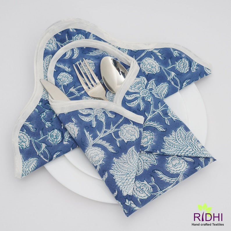 Fabricrush Blue Indian Hand Block Floral Printed Pure Cotton Cloth Piping Napkins