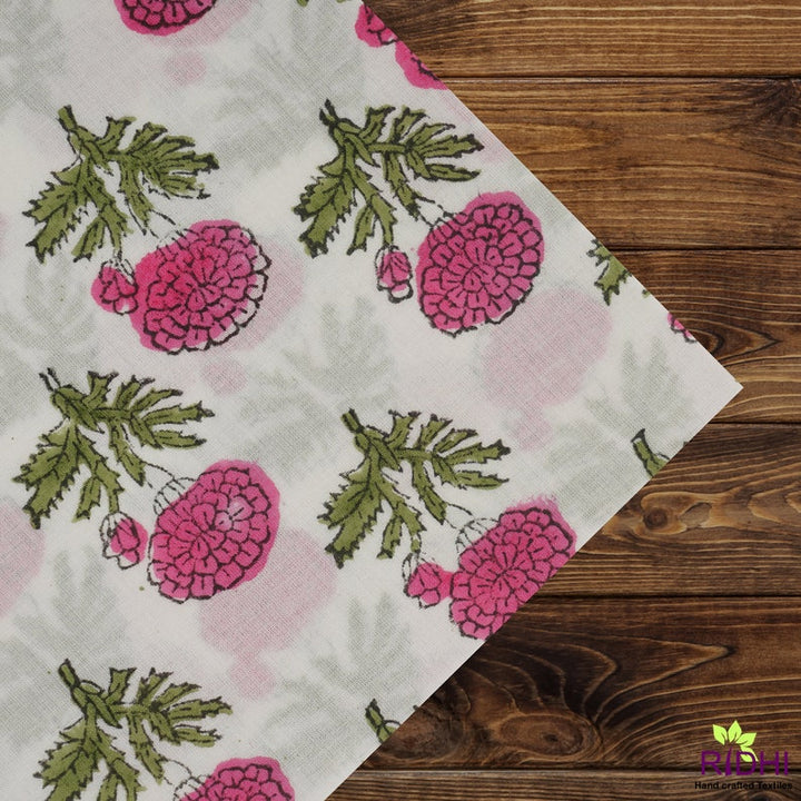 Thulian Pink, Fern Green Marigold Flower Indian Floral Hand Block Print Cotton Embroidery Napkins