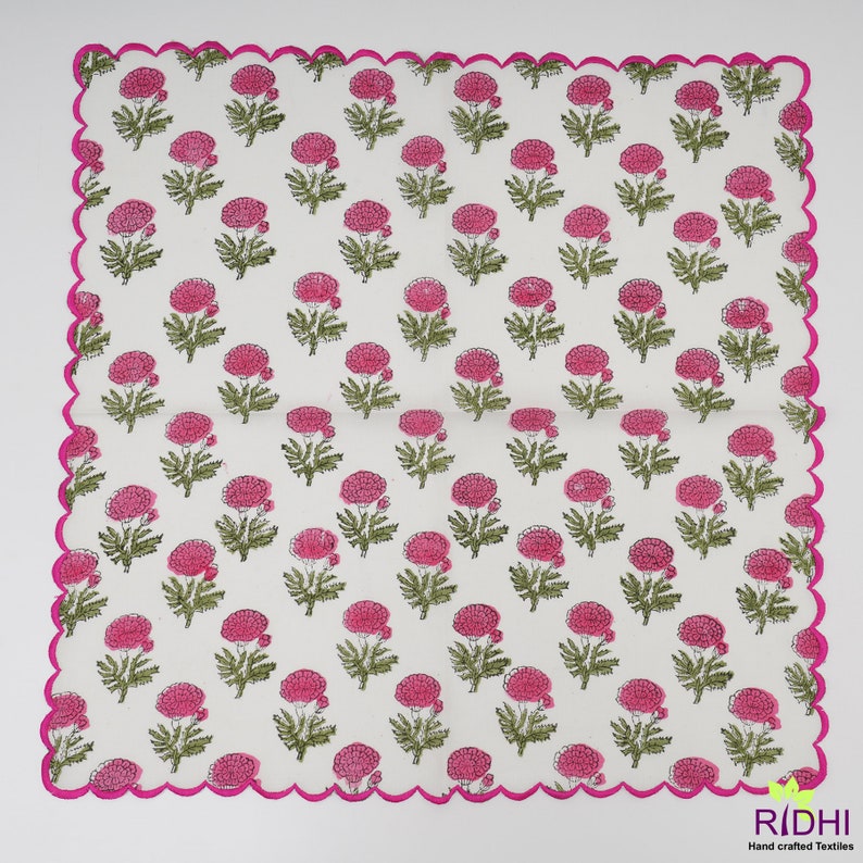 Thulian Pink, Fern Green Marigold Flower Indian Floral Hand Block Print Cotton Embroidery Napkins