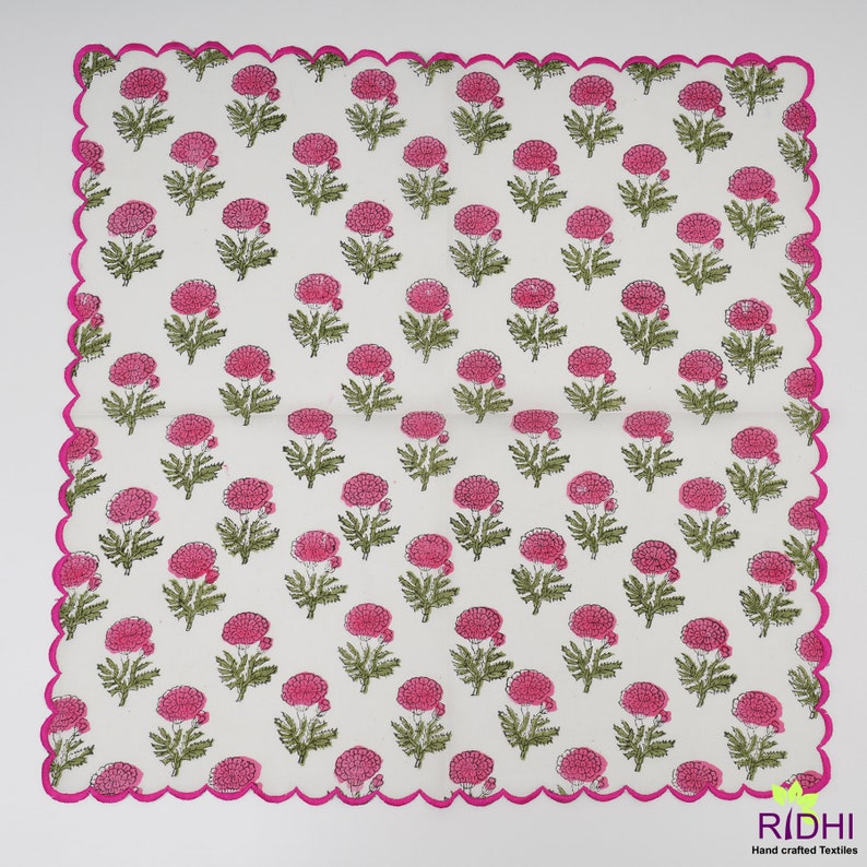 Fabricrush Thulian Pink, Fern Green Marigold Flower Indian Block Printed Cotton Cloth Napkins, Wedding Home Event Party, 18x18"- Cocktail 20x20"- Dinner