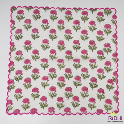Thulian Pink, Fern Green Marigold Flower Indian Block Printed Cotton Cloth Napkins, Wedding Home Event Party, 9x9"- Cocktail 20x20"- Dinner