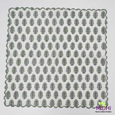 Juniper Green on White Hand Block Leaf Printed Eco-friendly Cotton Cloth Napkins, Wedding Home Event School, 9x9"- Cocktail 20x20"- Dinner