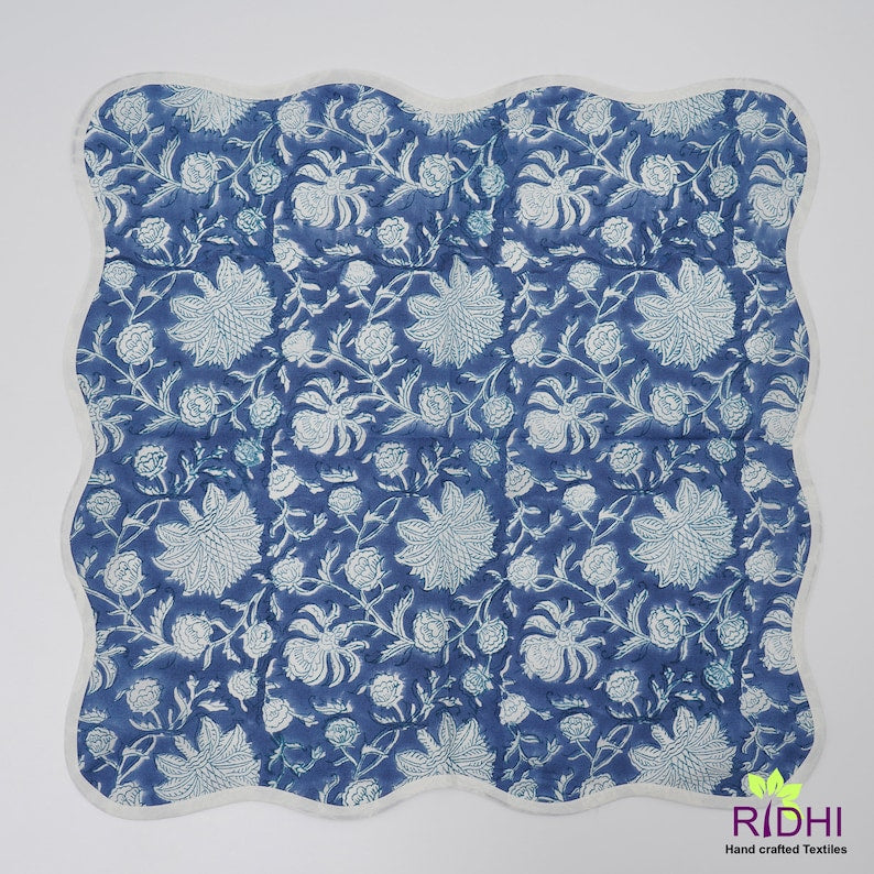 Fabricrush Blue Indian Hand Block Floral Printed Pure Cotton Cloth Piping Napkins