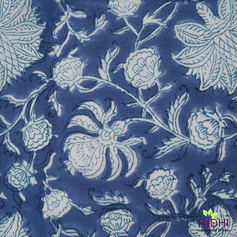 Fabricrush Blue Indian Hand Block Floral Printed Pure Cotton Cloth Piping Napkins