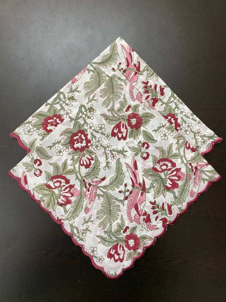 Fabricrush Thulian Pink, Cherry Red, Moss Green Floral Indian Hand Block Printed Cotton Cloth Napkins, Wedding Home Gift, 18x18"- Cocktail 20x20"- Dinner