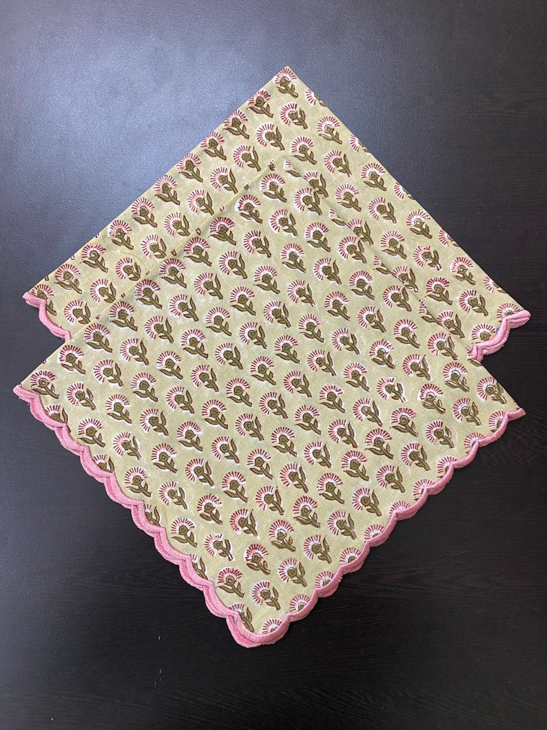 Fabricrush Light Moss Green, Coral Pink Indian Floral Hand block Printed Cotton Cloth Napkins, Wedding Event Home Party, 18x18"- Cocktail 20x20"- Dinner