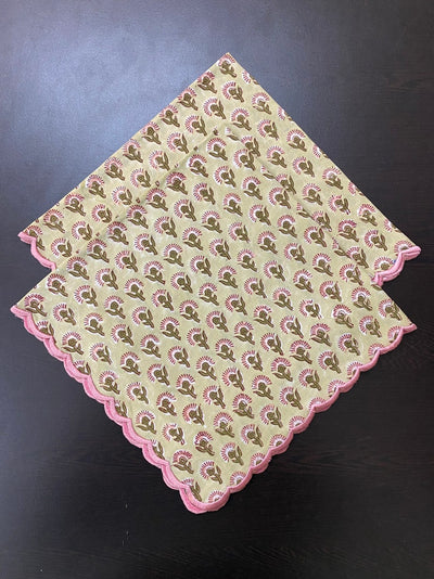 Light Moss Green, Coral Pink Indian Floral Hand block Printed Cotton Cloth Napkins, Wedding Event Home Party, 9x9"- Cocktail 20x20"- Dinner