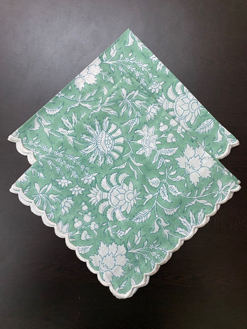 Mint Green and White Indian Hand Block Floral Printed Cotton Cloth Napkins, Wedding Home Event Party School, 9x9"- Cocktail 20x20"- Dinner