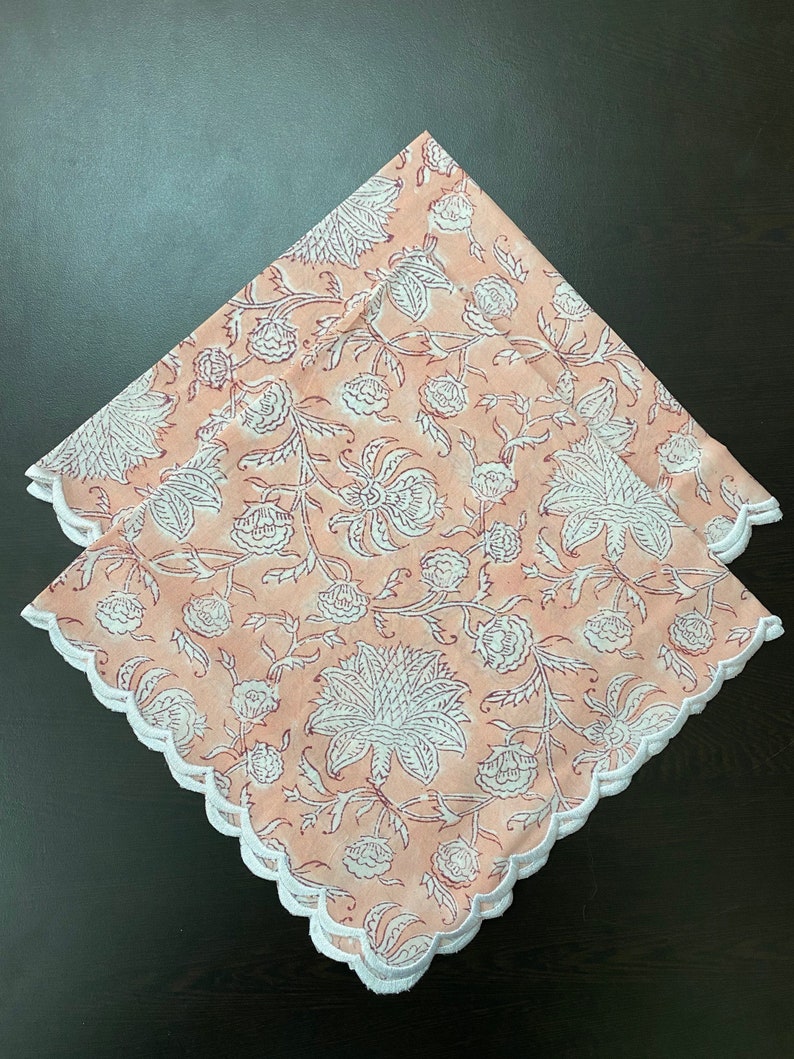 Fabricrush Salmon Pink and White Indian Hand Block Floral Printed Cotton Cloth Napkins, Wedding Event Home Party Gift 18x18"- Cocktail 20x20"- Dinner, Gift for her, gifts, Halloween, Christmas, Thanksgiving