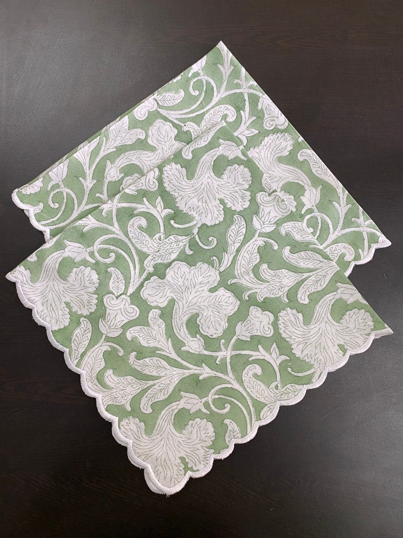 Sage Green and White Indian Floral Hand Block Print Cotton Embroidery Napkins