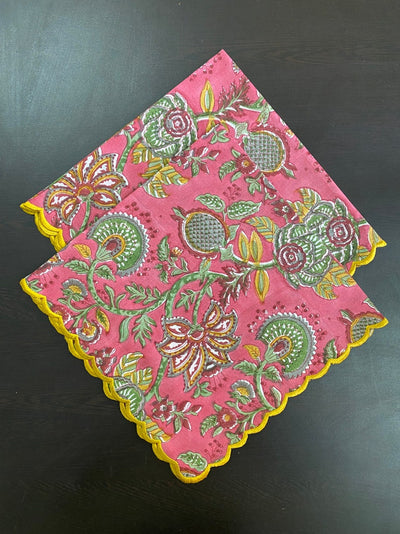 Fabricrush Thulian Pink, Fern Green, Tuscan Yellow Floral Indian Hand Block Printed Cotton Cloth Napkins, 18x18"-Cocktail Napkins, 20x20"- Dinner Napkins