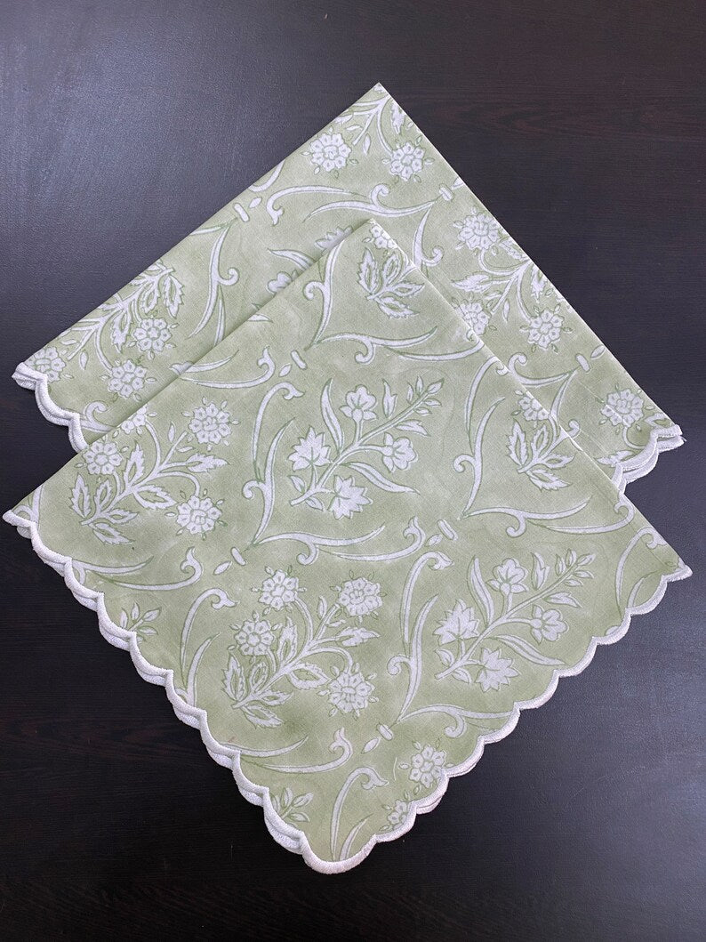 Pear Green and Off White Floral Indian Hand Block Floral Printed Pure Cotton Cloth Napkins, 9x9"- Cocktail Napkins, 20x20"- Dinner Napkins