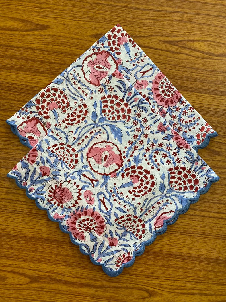 Fabricrush Pigeon Blue, Flamingo Pink on White Flower Design Indian Hand Block Printed Cotton Napkins, 18x18"- Cocktail Napkins, 20x20"- Dinner Napkins, Gift for her, gifts, Halloween, Christmas, Thanksgiving