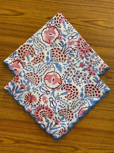 Fabricrush Pigeon Blue, Flamingo Pink on White Flower Design Indian Hand Block Printed Cotton Napkins, 18x18"- Cocktail Napkins, 20x20"- Dinner Napkins