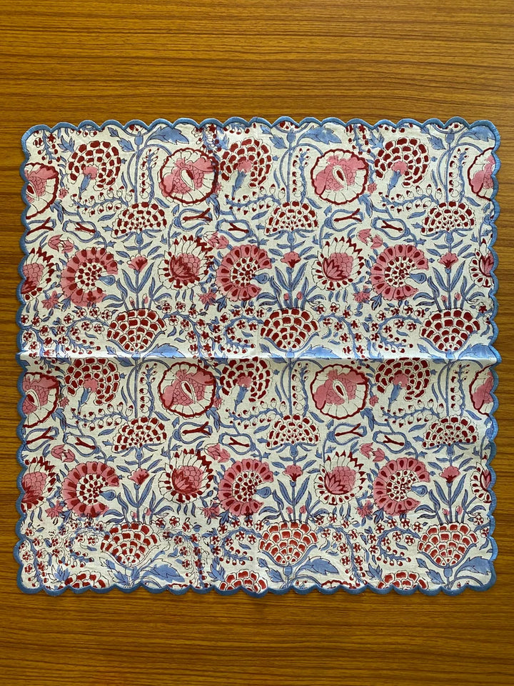 Pigeon Blue, Flamingo Pink on White Floral Hand Block Print Cotton Embroidery Napkins