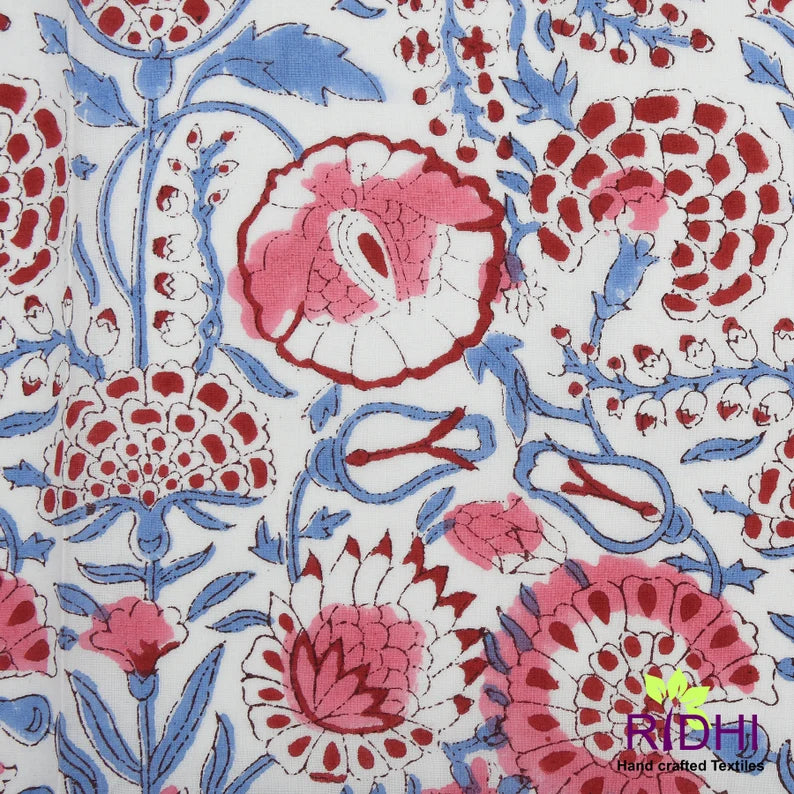 Pigeon Blue, Flamingo Pink on White Floral Hand Block Print Cotton Embroidery Napkins