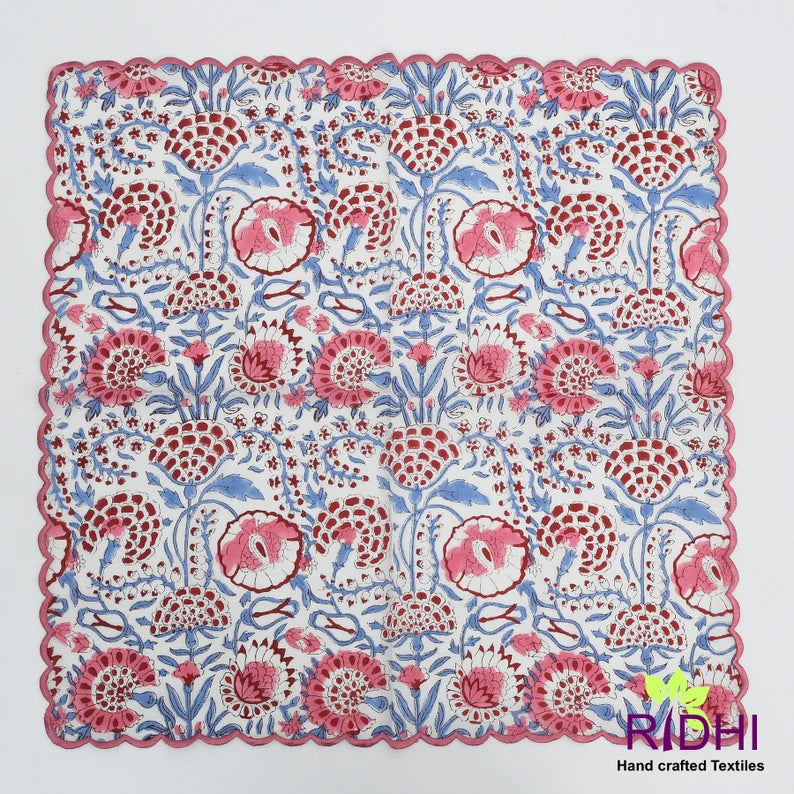 Fabricrush Pigeon Blue, Flamingo Pink on White Flower Design Indian Hand Block Printed Cotton Napkins, 18x18"- Cocktail Napkins, 20x20"- Dinner Napkins, Gift for her, gifts, Halloween, Christmas, Thanksgiving