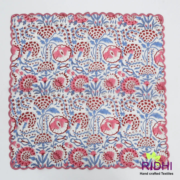 Pigeon Blue, Flamingo Pink on White Floral Hand Block Print Cotton Embroidery Napkins