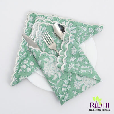 Fabricrush Mint Green and White Indian Hand Block Floral Printed Cotton Cloth Napkins, Wedding Home Event Party School, 18x18"- Cocktail 20x20"- Dinner