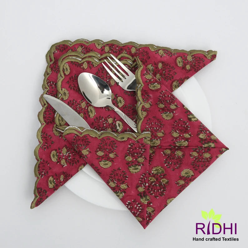 Thistle Pink, Laurel and Olive Green Indian Floral Hand Block Printed Cotton Cloth Napkins, 9x9"- Cocktail Napkins, 20x20"- Dinner Napkins