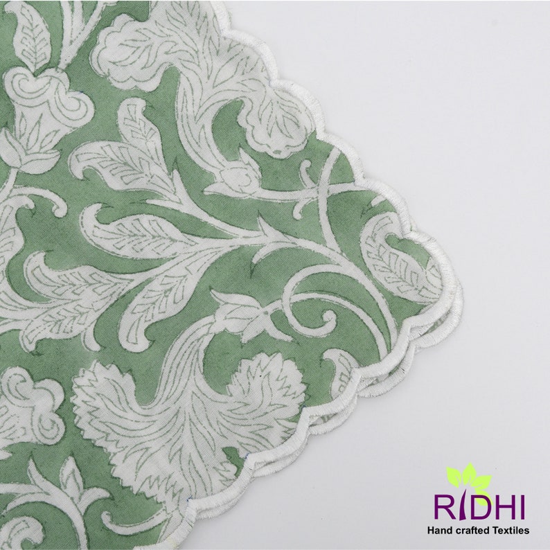 Sage Green and White Indian Floral Hand Block Print Cotton Embroidery Napkins