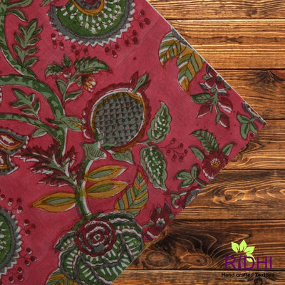 Fabricrush Thulian Pink, Fern Green, Tuscan Yellow Floral Indian Hand Block Printed Cotton Cloth Napkins, 18x18"-Cocktail Napkins, 20x20"- Dinner Napkins