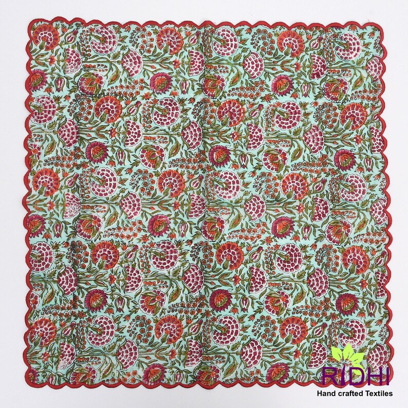 Pastel Mint Green, Dark Cherry, Vermilion Red Floral Hand Block Printed Cotton Cloth Napkins, 9x9"- Cocktail Napkins, 20x20"- Dinner Napkins