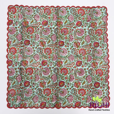 Fabricrush Pastel Mint Green, Dark Cherry, Vermilion Red Floral Hand Block Printed Cotton Cloth Napkins, 18x18"- Cocktail Napkins, 20x20"- Dinner Napkins