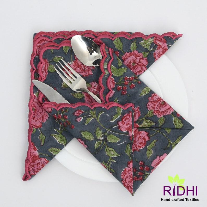 Fabricrush Mink Grey, Brick Pink, Pear Green Indian Floral Hand Block Printed Pure Cotton Embroidered Napkins, 18x18"- Cocktail Napkins, 20x20"- Dinner Napkins