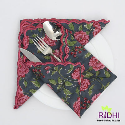 Mink Grey, Brick Pink, Pear Green Indian Floral Hand Block Printed Pure Cotton Cloth Napkins, 9x9"- Cocktail Napkins, 20x20"- Dinner Napkins