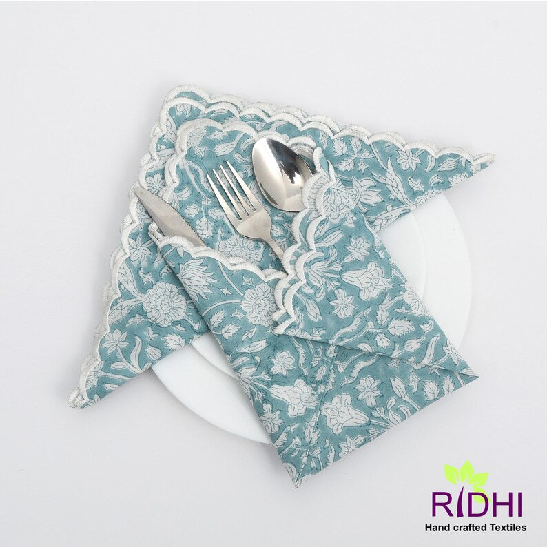 Light Cadet Blue and Off White Indian Hand Block Floral Printed Pure Cotton Cloth Napkins, 9x9"- Cocktail Napkins, 20x20"- Dinner Napkins