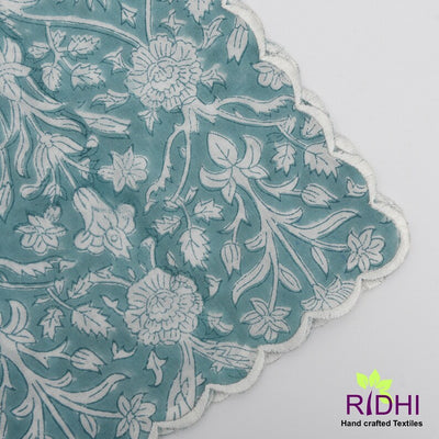 Fabricrush Light Cadet Blue and Off White Indian Hand Block Floral Printed Pure Cotton Cloth Napkins, 18x18"- Cocktail Napkins, 20x20"- Dinner Napkins