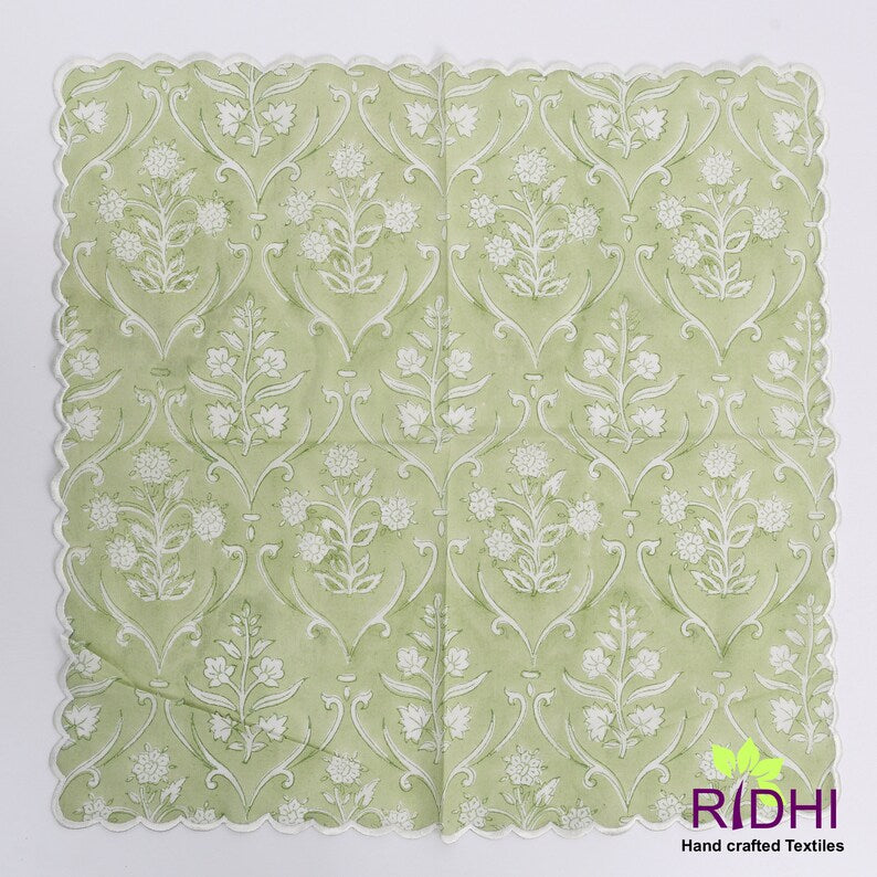 Fabricrush Pear Green and Off White Floral Indian Hand Block Floral Printed Pure Cotton Cloth Napkins, 18x18"- Cocktail Napkins, 20x20"- Dinner Napkins, Gift for her, gifts, Valentine's day, Spring, Easter