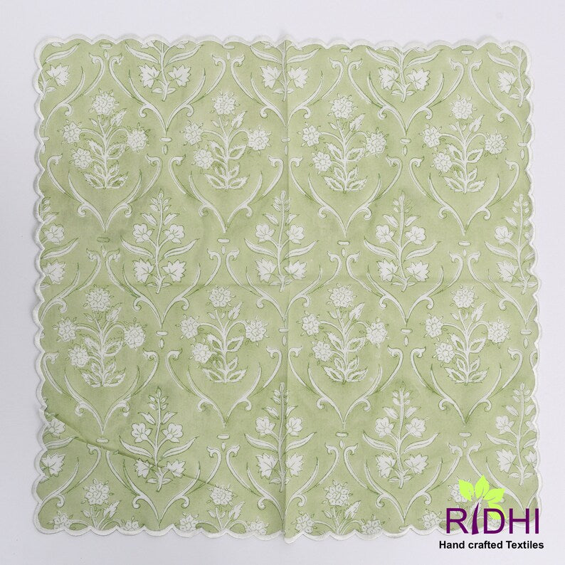 Pear Green and Off White Floral Indian Hand Block Floral Printed Pure Cotton Cloth Napkins, 9x9"- Cocktail Napkins, 20x20"- Dinner Napkins