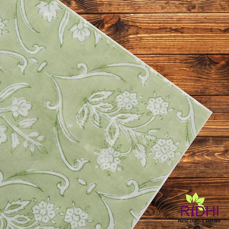 Fabricrush Pear Green and Off White Floral Indian Hand Block Floral Printed Pure Cotton Cloth Napkins, 18x18"- Cocktail Napkins, 20x20"- Dinner Napkins