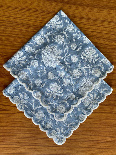 Airforce Blue and White Indian Floral Hand Block Printed Pure Cotton Cloth Napkins, Wedding Restaurant Party, 9x9"-Cocktail 20x20"- Dinner