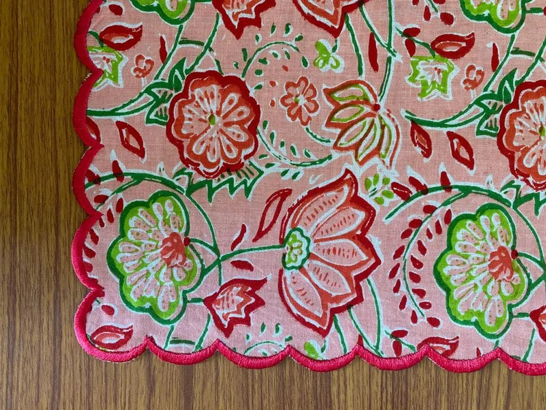 Fabricrush Coral Pink, Forest and Kelly Green Indian Hand Floral Printed Pure Soft cotton Embroidered Scallop napkins, Farmhouse Wedding Home 18x18"- Cocktail 20x20"- Dinner