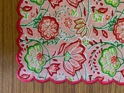 Coral Pink, Forest and Kelly Green Indian Hand Floral Printed Pure Soft cotton napkins, Farmhouse Wedding Home 9x9"- Cocktail 20x20"- Dinner