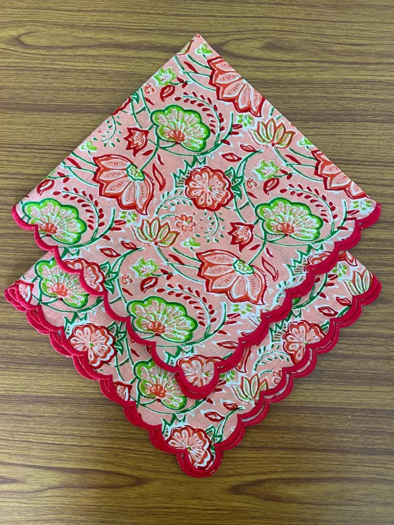 Fabricrush Coral Pink, Forest and Kelly Green Indian Hand Floral Printed Pure Soft cotton Embroidered Scallop napkins, Farmhouse Wedding Home 18x18"- Cocktail 20x20"- Dinner