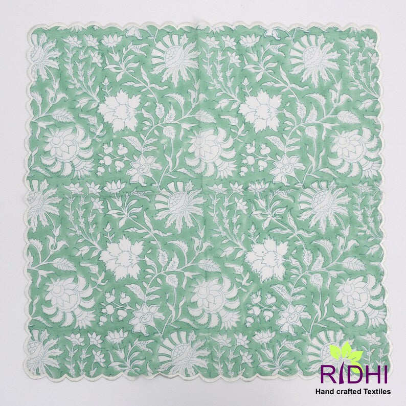 Mint Green and White Indian Floral Hand Block Print Cotton Embroidery Napkins