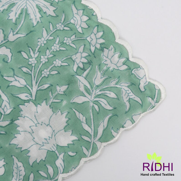 Mint Green and White Indian Floral Hand Block Print Cotton Embroidery Napkins