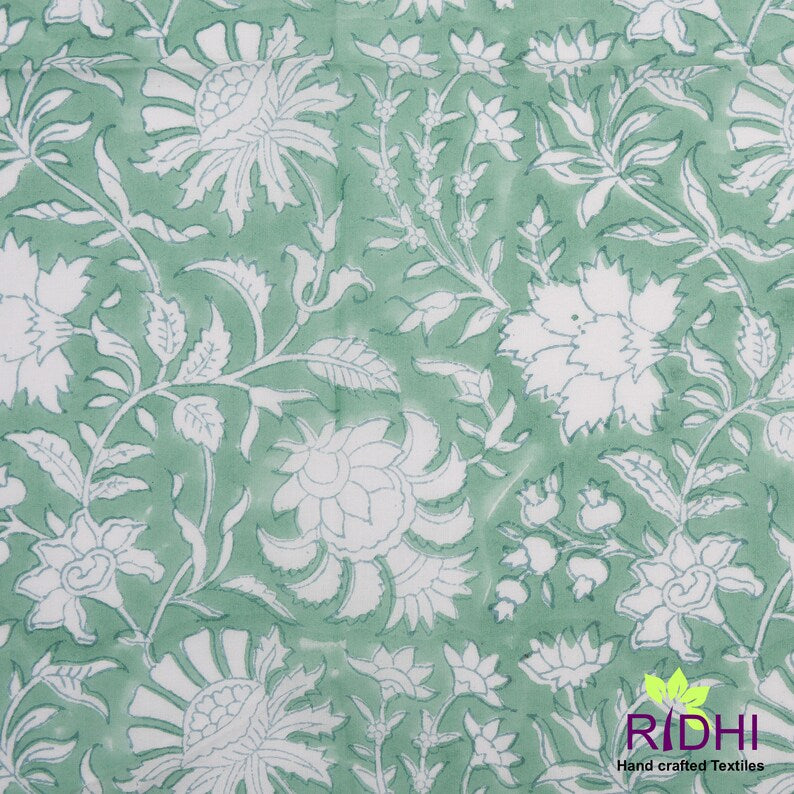 Mint Green and White Indian Floral Hand Block Print Cotton Embroidery Napkins