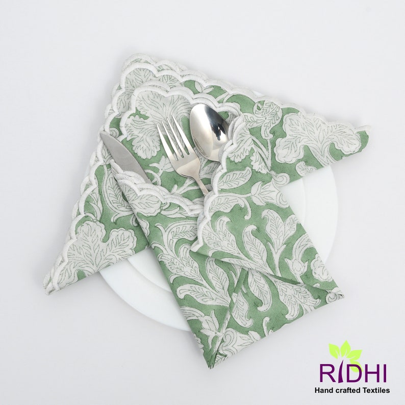 Sage Green and White Indian Floral Hand Block Print Cotton Embroidery Napkins