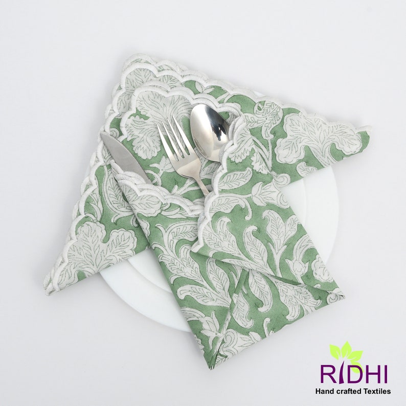 Sage Green and White Indian Floral Hand block printed Soft Cotton Cloth Napkins, Wedding Event Home Party, 9x9"-Cocktail 20x20"- Dinner