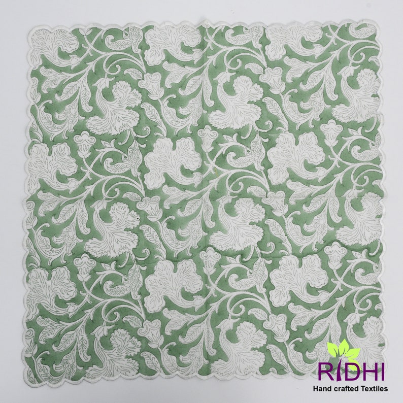 Sage Green and White Indian Floral Hand Block Print Cotton Embroidery Napkins